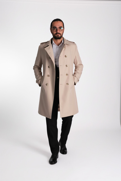 D1fference KARAN Erkek Regular Fit Kruvaze Kapama Kemerli Apoletli Uzun Trençkot