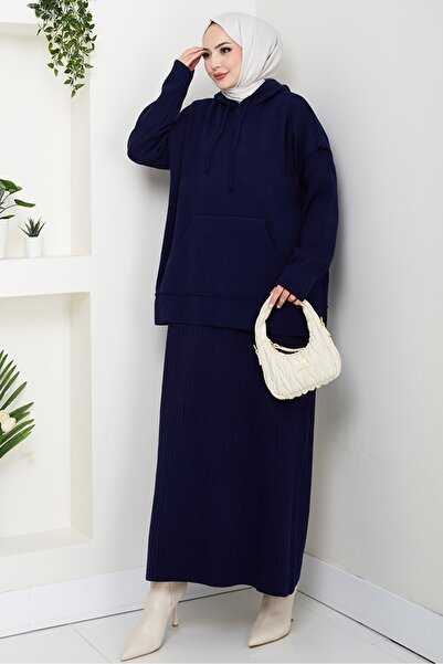 Bestenur Hooded Tunic Dress Knitwear Set 1645 - Navy Blue