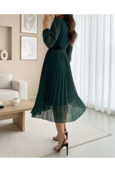 MissRunin Kadın şifon Kumaş Astalı Kloş Kesim Kruvaze Yaka Midi Boy Elbise