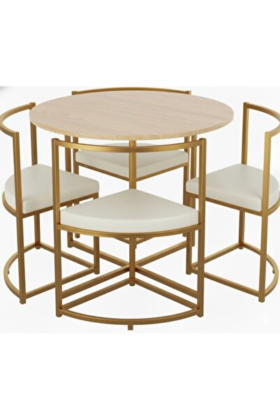 EDMONDA EV AKSESUAR EYLÜL GOLD METAL 90 CM ÇAP YUVARLAK YEMEK MASASI TAKIMI 4 KİŞİLİK BALKON MASASI TAKIMI MUTFAK MASASI