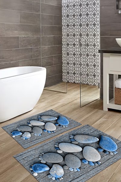 EVİMSEN Digital Printed Washable and Non-Slip Based Footprint Patterned Bath Mat Toilet Set