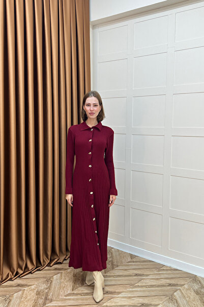 Stilife Πλεκτό φόρεμα με κουμπιά Endam Βουργουνδίας