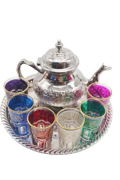 GENERAL Complete Moroccan Tea Set - Teapot 750 ml, 32 cm Tray, plus 6 Colored Crystal Glasses