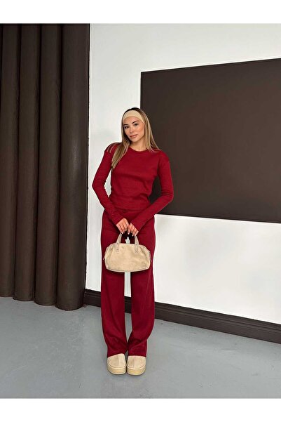 albaroda Set de bluză și pantaloni de sport cu picioare largi pentru femei, Bordeaux, cu guler rotund de degete