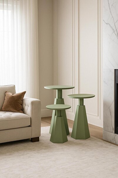 Home prenses ahşap altıgen ıhlamur yeşili boyalı vernikli yan sehpa orta sehpa