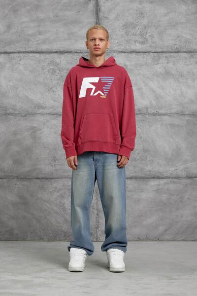 NOMARC Red F1 Printed Hooded Oversized Sweatshirt