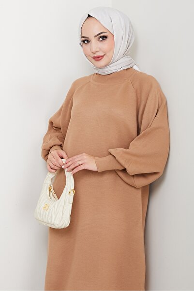 Bestenur Φόρεμα πλεκτό με μανίκια μπαλόνι 1600 - Ανοιχτό καφέ