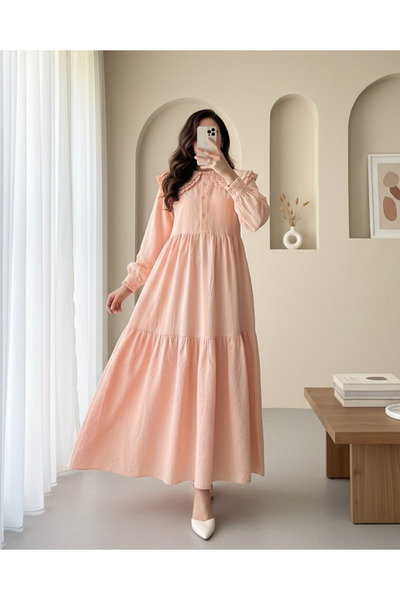 MissRunin Bebe Yaka Fırfırlı Parçalı İthal Keten Elbise