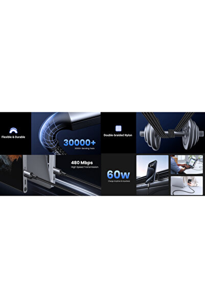 Ugreen USB-C 60W 3A QC PD Örgülü Hızlı Şarj Kablosu, 2 Metre, Siyah, 15374