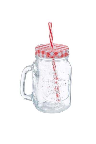 Generic Mason Jar Drinking Glass with Red Lid and Straw