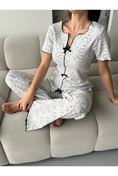 HATEX طقم بيجامة من القطن المضلع بأكمام قصيرة مع تفاصيل فيونكة