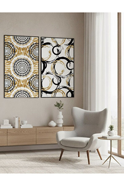 Linacci Double Black Metal Frame Abstract Yellow White Glass Painting Set
