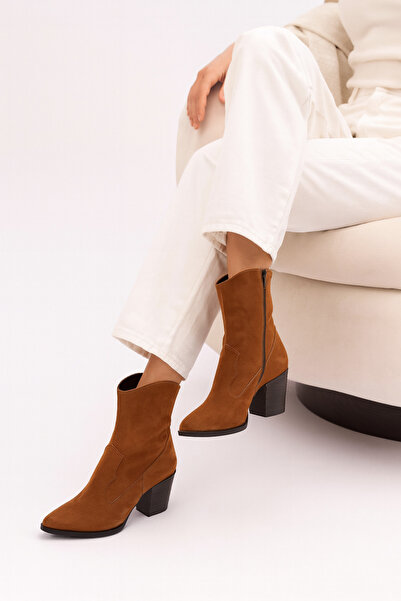 Elvessa Kadın Taba Süet Fermuarlı Kovboy/Western İçi Kürklü 5 Cm Kısa Topuklu Kaymaz Taban Bot