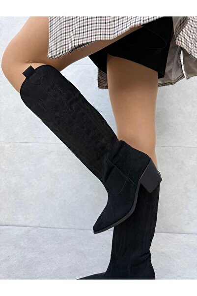 Elvinin Tarzı أحذية رعاة البقر الطويلة من جلد الغزال الأسود من ويستا