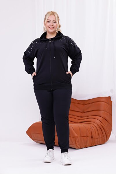 Siyezen Plus Size Pearl Patchwork Detailed Tracksuit Set