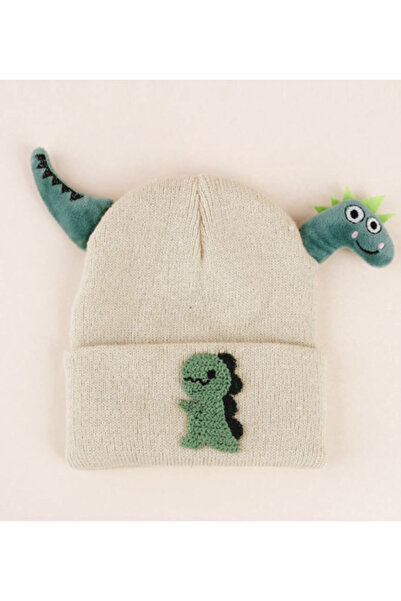 genernic قبعة محبوكة بتصميم ديناصور كرتوني للأطفال/الرضع، للجنسين، مقاس 0-2، بيج