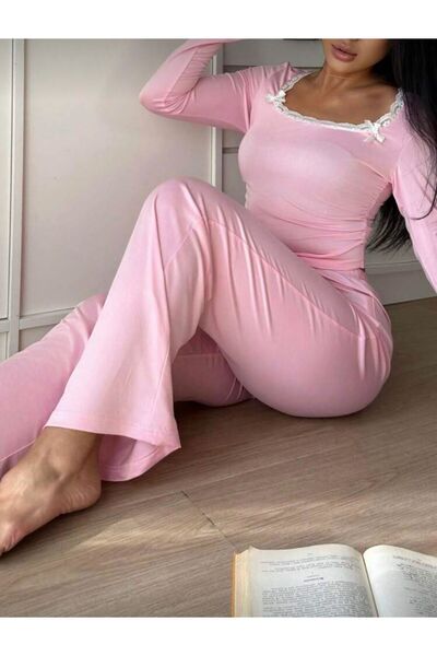 Poviedka Kadın Pembe Dantelli Fiyonk Detaylı Uzun Pamuk Viskon Pijama Takımı