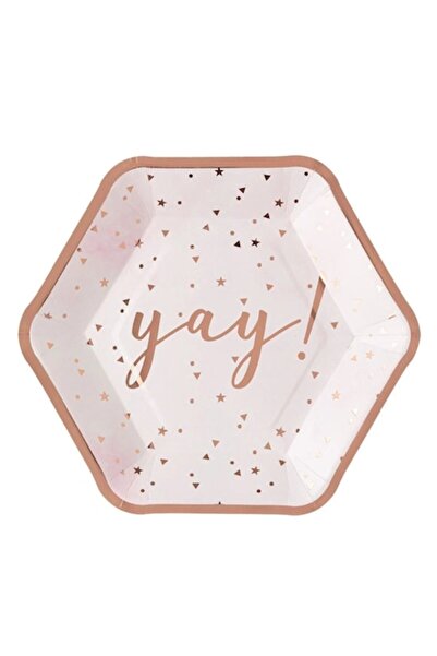 OEM White Hexagonal Paper Plates with Pink-Gold 'Yay' Foil, 18 cm, 6 pcs