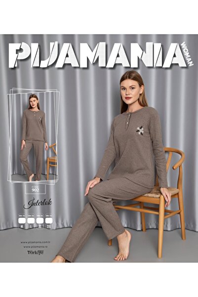 HATEX Women's Interlock Collar Buttoned Long Sleeve Pajamas Set