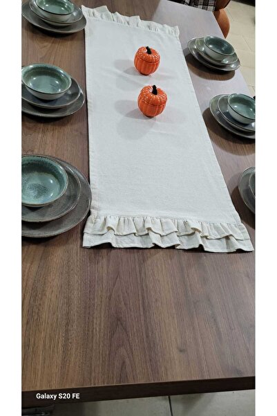SEVCAN TEKSTİL 2 Kenar Çift Fırfırlı Organik Keten Vintage Bej Runner 50 x 150