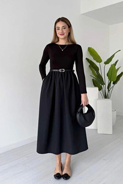 KIREK فستان نسائي أسود بياقة دائرية وتفاصيل حزام