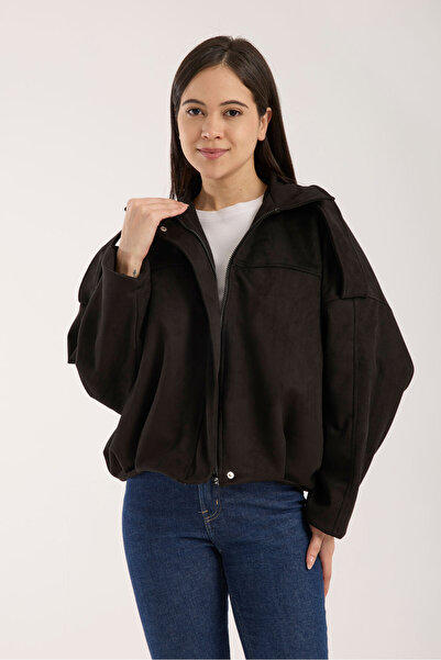 İLKCET MODA Women's Black Pocketless Suede Oversized Bomber Jacket