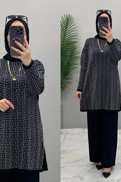 Hürrem MEVSİM TRİKO TAKIM Tesettür Desenli Akrilik Pamuklu Kumaş Likralı Siyah