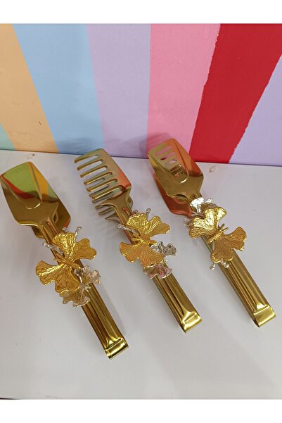 DEKOR ZÜCCACİYE HOME Set of 3 Gold Metal Butterfly Serving Tongs
