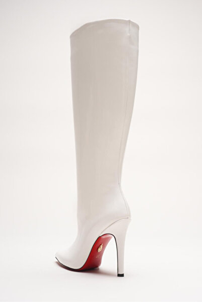 Ayakkabı Ateşi Жіночі гострі носки без застібки на тонких підборах, нижче коліна, Monias, білі, шкіряні