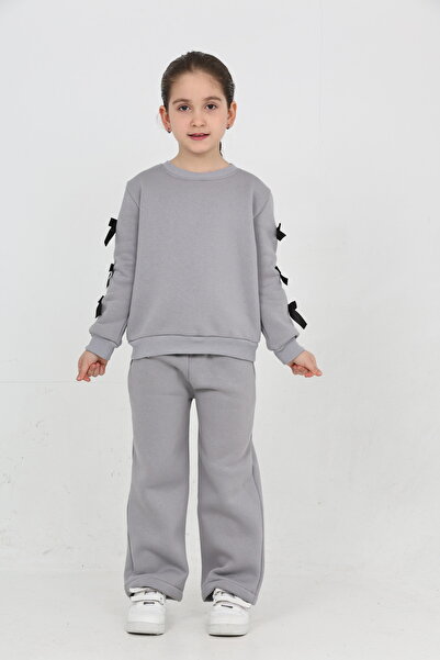 ERDEM KIDS Girl's 3 Thread Ş Fleece-Lined Basic Sweatshirt with Ribbon Detail - Loose Fit Palazzo Tracksuit Set