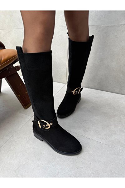Elvinin Tarzı Karlen Black Suede Buckle Detailed Boots
