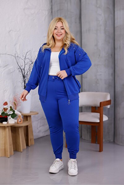 Siyezen Plus Size Pearl Patchwork Detailed Tracksuit Set