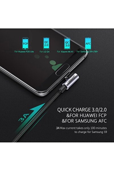 Ugreen USB-C to USB-A 3A QC 90 Derece Hızlı Şarj Kablosu, 2 Metre, Uzay Girişi, 50942