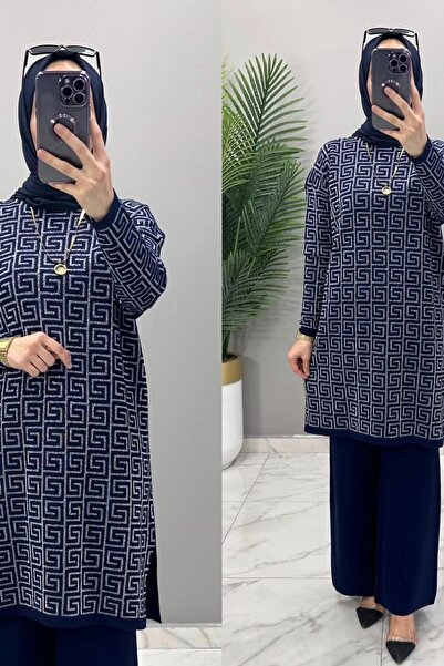 Hürrem Seasonal knitwear set hijab patterned acrylic cotton fabric lycra navy blue