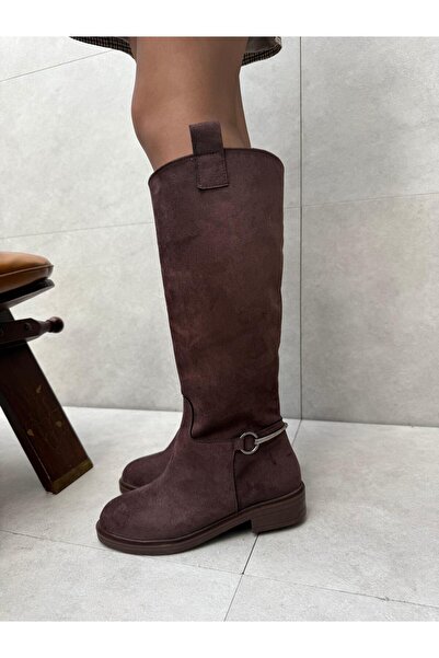 Elvinin Tarzı Nesta Bitter Brown Suede Boots with Accessory Detail