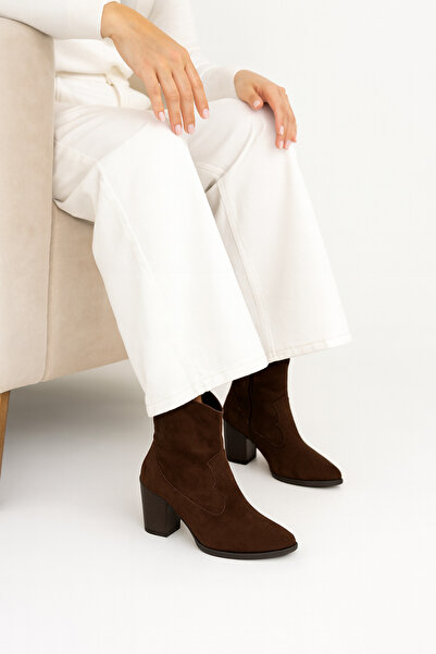 Elvessa Kadın Acı Kahve Süet Fermuarlı Kovboy/Western İçi Kürklü 5 Cm Kısa Topuklu Kaymaz Taban Bot