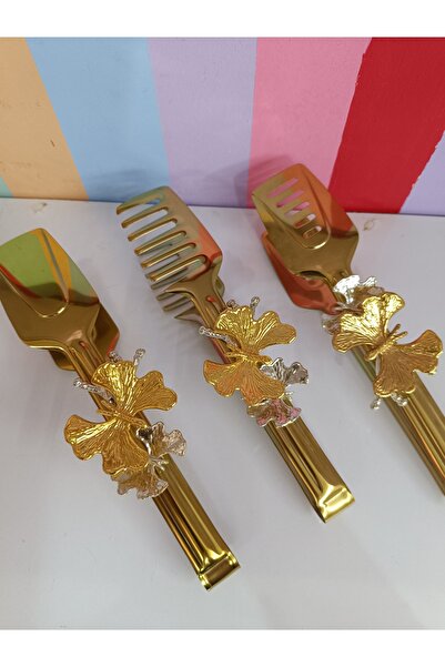 DEKOR ZÜCCACİYE HOME Set of 3 Gold Metal Butterfly Serving Tongs