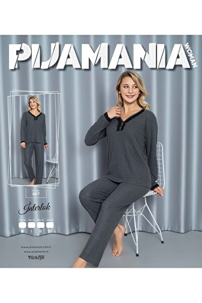 HATEX Women's Interlock Collar Lace Long Sleeve Pajama Set