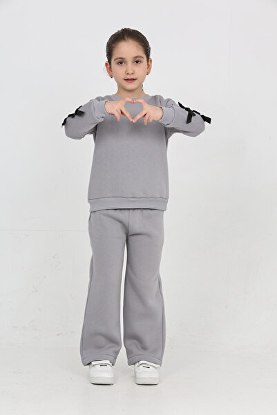 ERDEM KIDS Girl's 3 Thread Ş Fleece-Lined Basic Sweatshirt with Ribbon Detail - Loose Fit Palazzo Tracksuit Set