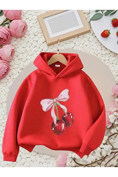 oneagılyazı Момичешка червена суитшърт с качулка с принт на череши и панделка