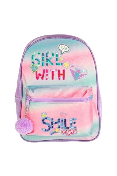 Lumi LUXURY Lila Holographic Smile Kindergarten Backpack with Pompon 24x10x31 cm