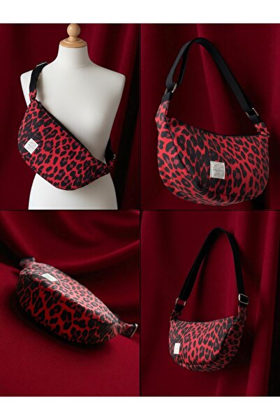 sewingya El Yapımı Kırmızı Leopar Desenli %100 Pamuklu Sürdürülebilir Kumaş Omuz Çantası