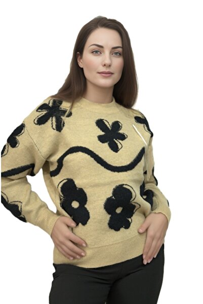 OEM Women's beige sweater with floral print, casual elegant, One Size INTL
