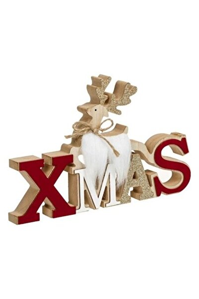 ANTBRO Decorațiune de Crăciun din lemn „Xmas” cu reni, litere roșii din catif...