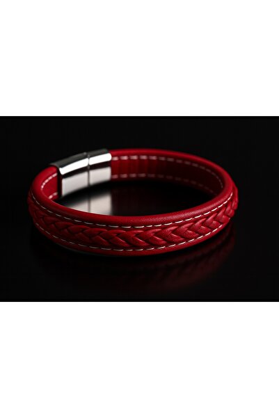 voyageaccessory Red Braided Leather Men's Bracelet with Stainless Steel Magnetic Clip