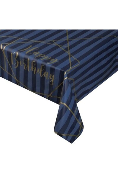 ANTBRO Blue party plastic tablecloth 'Happy Birthday' with gold foil - 180x120 cm, 1 pc -