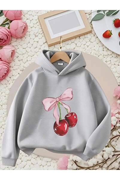 oneagılyazı سويت شيرت بناتي باللون الأحمر الكرزي والفيونكة مطبوع بغطاء رأس