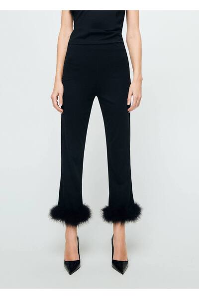 MANGO Woman İnce örgü kumaşlı tüy detaylı capri pantolon
