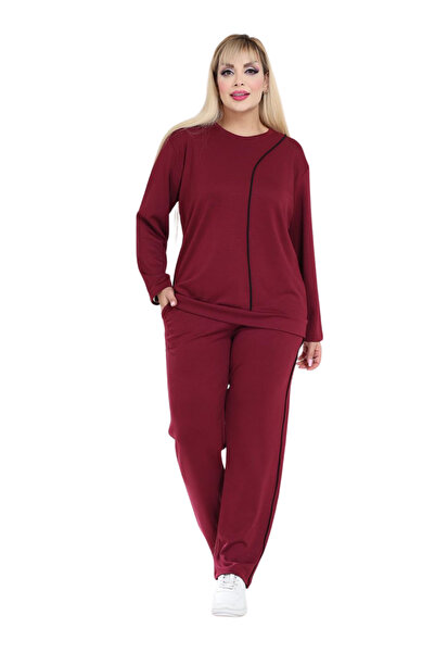 MELSAY Дамски спортен екип с червени ивици от модал в големи размери
