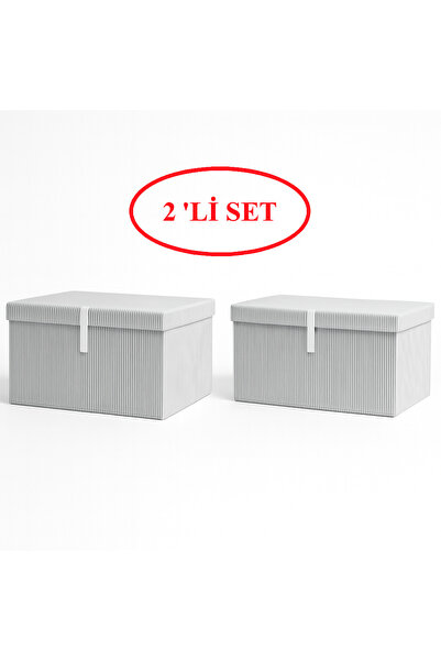 KUTULA 2’li 60x40x30 Gri Çizgili Kapaklı Kumaş Saklama Kutusu – Katlanabilir ...